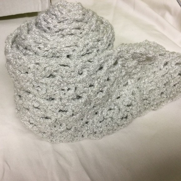 Scarf- Hand Crochet Silver Grey Glitter Scarf shimmering long light weig… - Picture 5 of 9